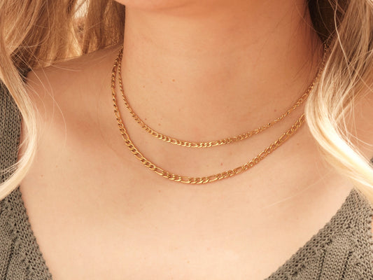 18K Gold Double Figaro Chain Necklace, Gold Figaro Necklace, Gold Necklace, Double Figaro Chain, Layered Necklace, WATERPROOF