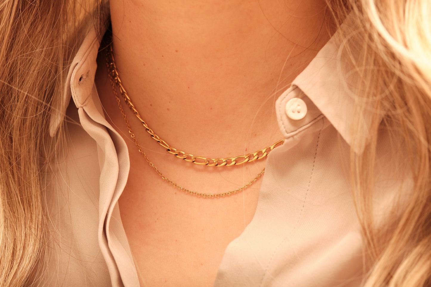 18K Gold Double Figaro Chain Necklace, Gold Figaro Necklace, Gold Necklace, Double Figaro Chain, Layered Necklace, WATERPROOF