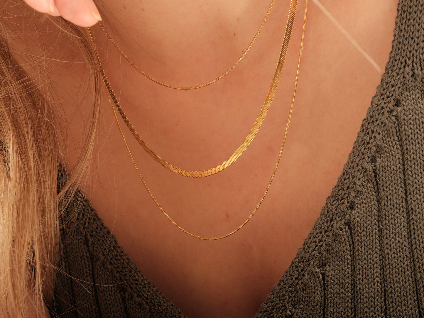 18K Gold Herringbone Necklace, 3 in 1 necklace, Gold Snake Chain Three Layer Necklace, WATERPROOF, Herringbone Chains Necklace