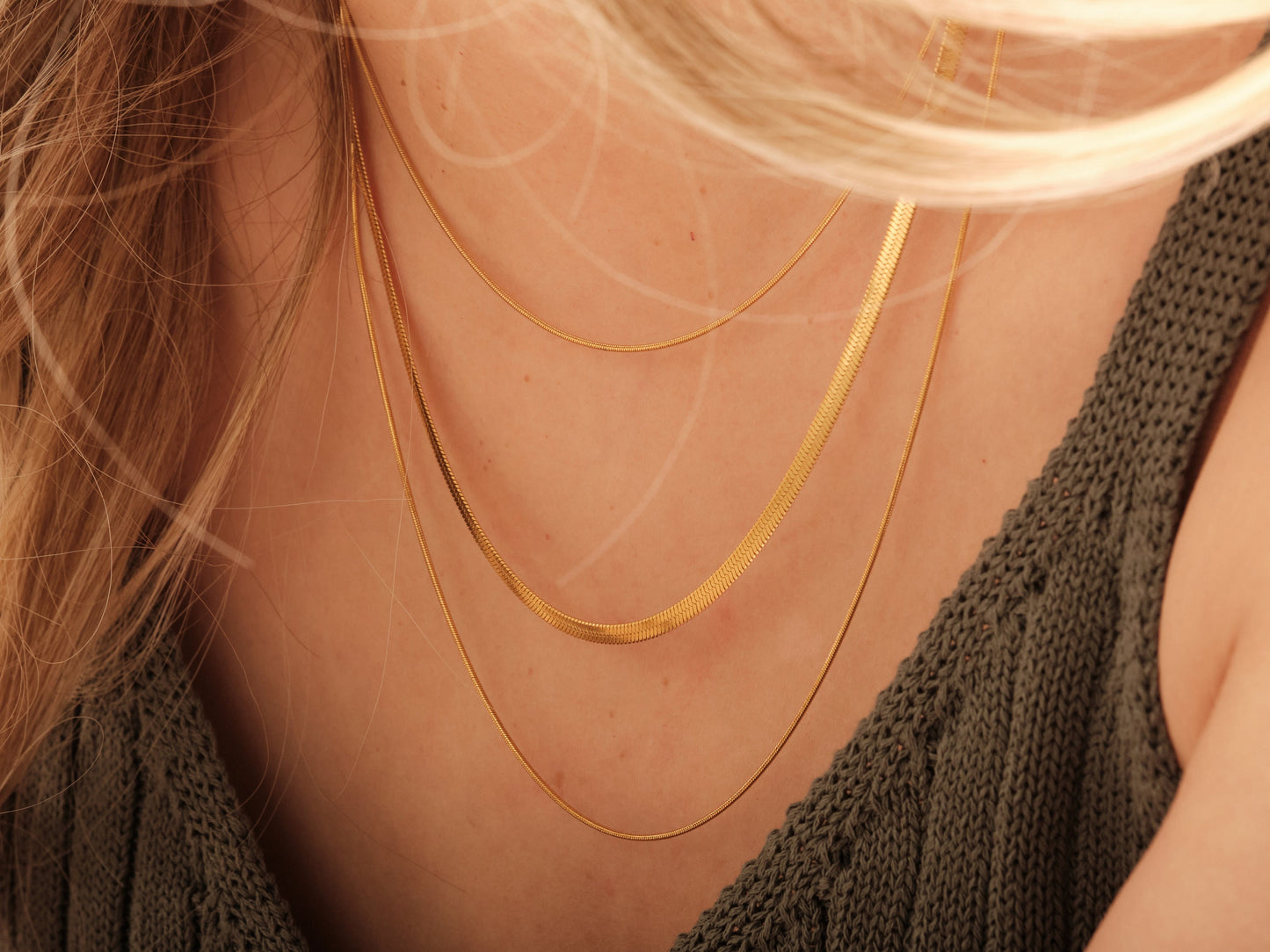 18K Gold Herringbone Necklace, 3 in 1 necklace, Gold Snake Chain Three Layer Necklace, WATERPROOF, Herringbone Chains Necklace