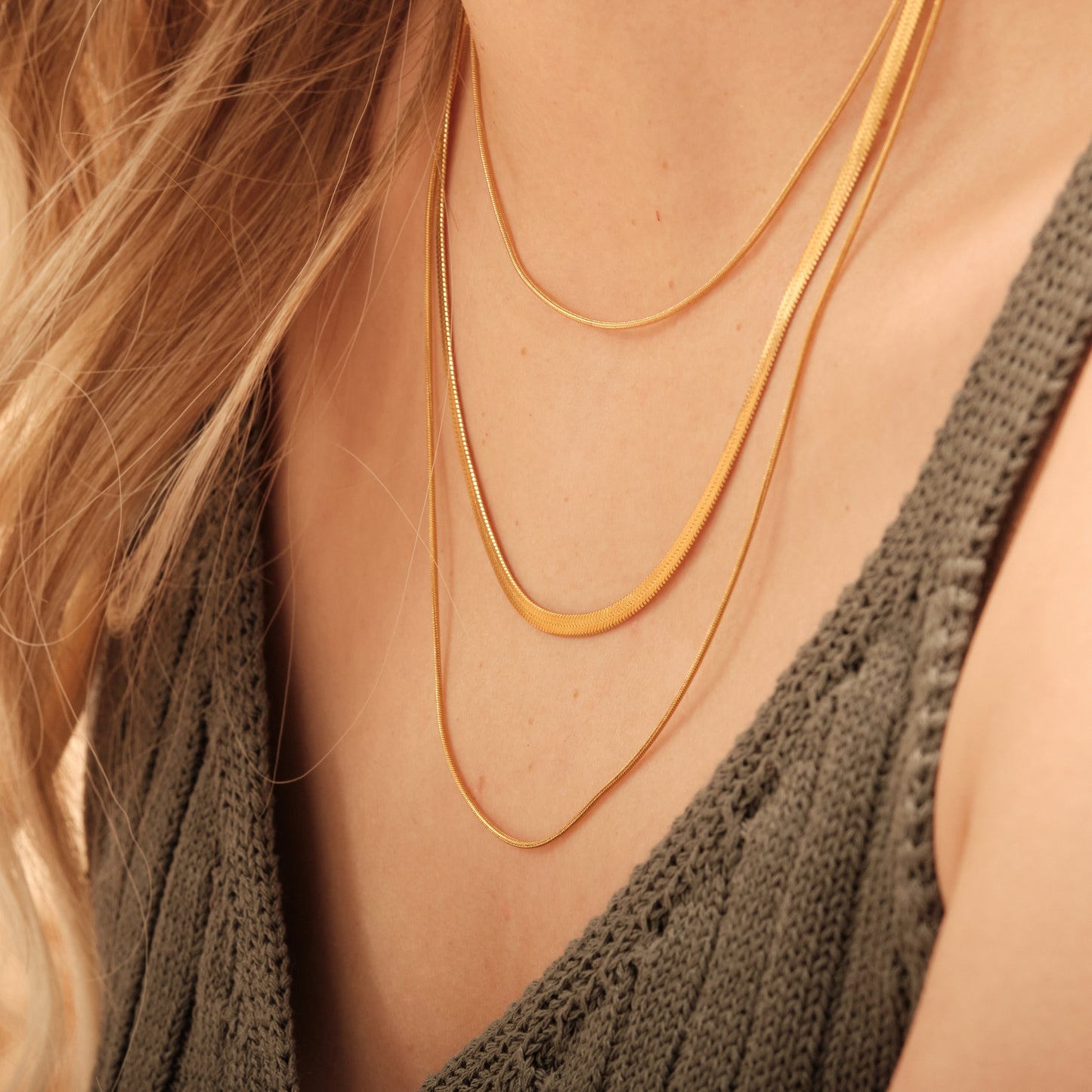 18K Gold Herringbone Necklace, 3 in 1 necklace, Gold Snake Chain Three Layer Necklace, WATERPROOF, Herringbone Chains Necklace