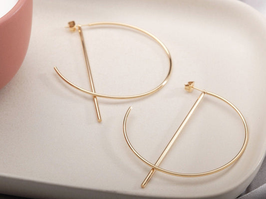 Big hoop earrings, Hoop line earrings, Gold bar hoop earrings, gift for her, large hoop earrings Dainty Hoops, Minimalist Hoops Geometry
