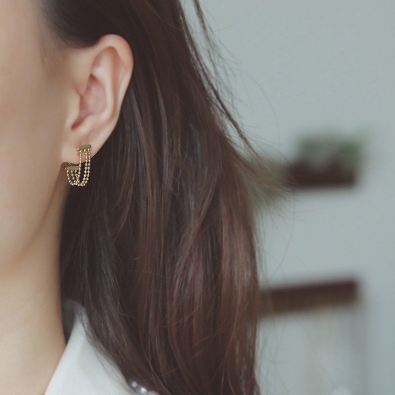 Gold Tiny Chain Earrings, Tiny Dangle Earrings, Beaded Chain Earrings, Gold Tiny Earrings, Gold Chain Earrings, WATERPROOF, Dangling