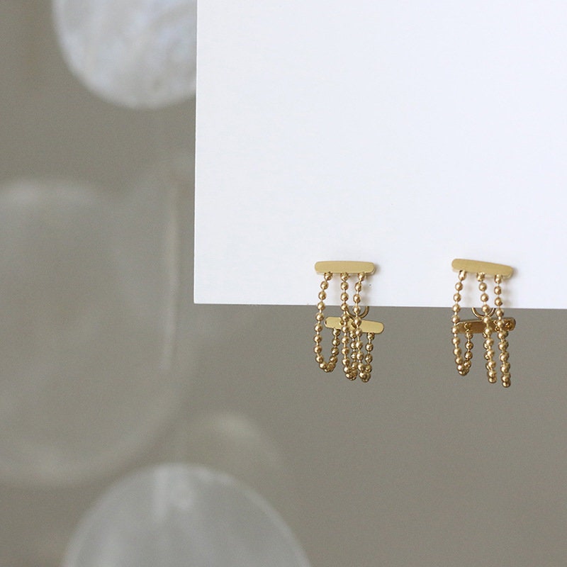 Gold Tiny Chain Earrings, Tiny Dangle Earrings, Beaded Chain Earrings, Gold Tiny Earrings, Gold Chain Earrings, WATERPROOF, Dangling