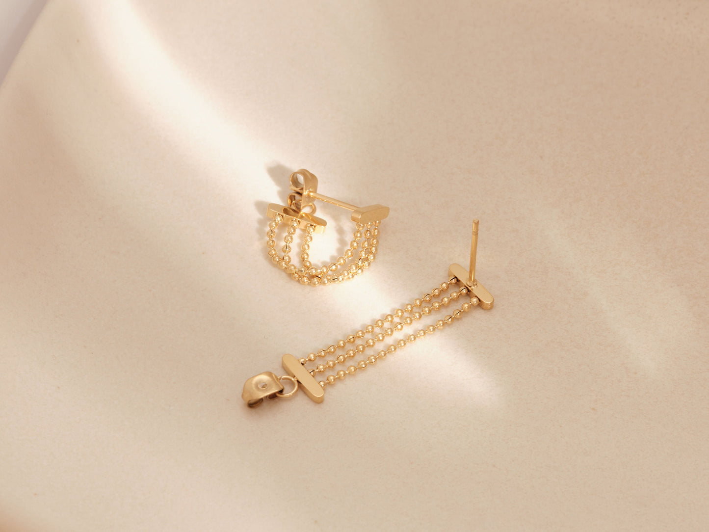 Gold Tiny Chain Earrings, Tiny Dangle Earrings, Beaded Chain Earrings, Gold Tiny Earrings, Gold Chain Earrings, WATERPROOF, Dangling