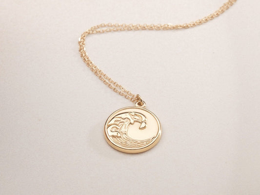 Gold Wave Necklace For Women Coin Wave Jewelry Ocean Wave Pendant Charm Necklace Surfer Necklace Gift For Her Storm Disc