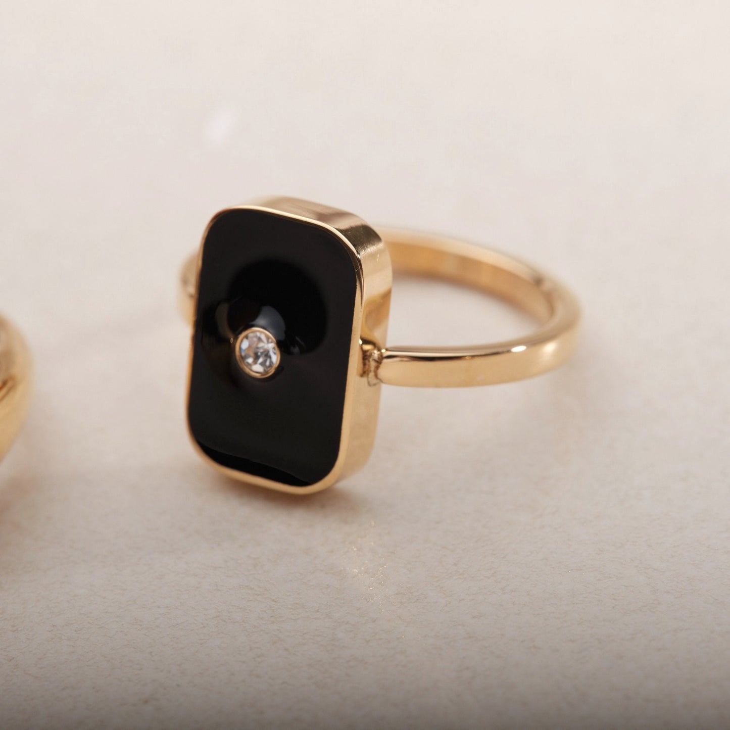 18K Gold Black Enamel Rectangle Gold Signet Rings, Zirconia North Star Ring, Wide Gold Ring, Statement Ring, Chuncky Ring Gold Black Ring
