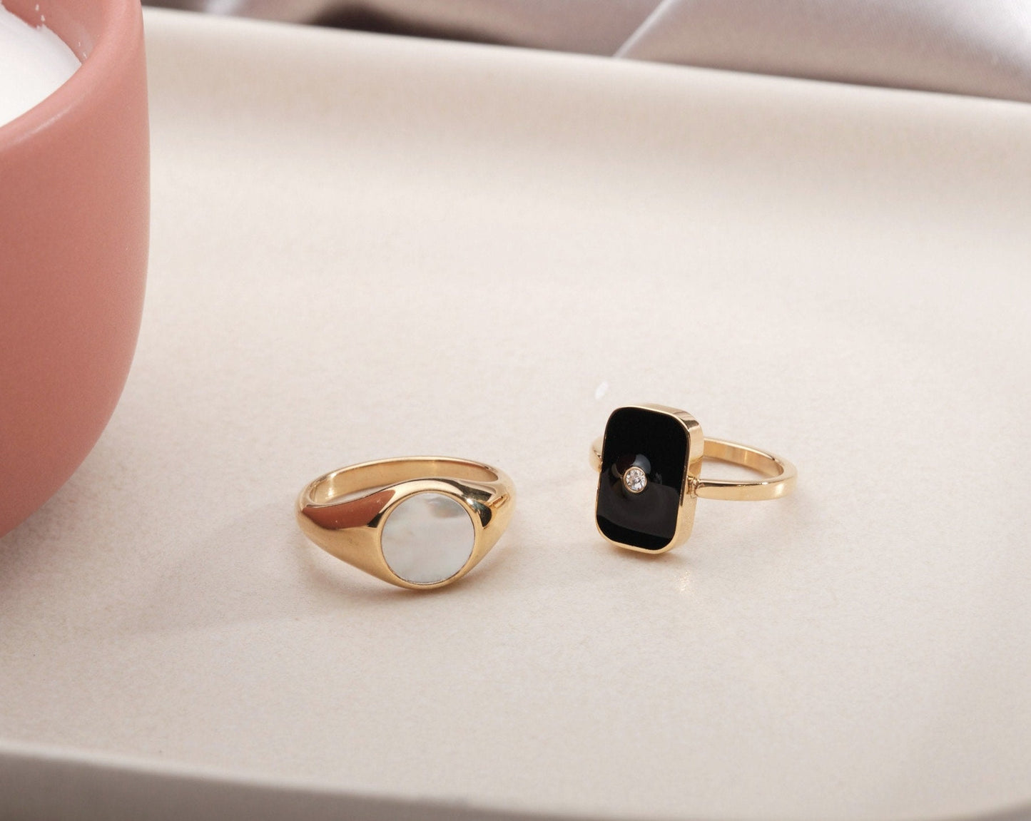 18K Gold Black Enamel Rectangle Gold Signet Rings, Zirconia North Star Ring, Wide Gold Ring, Statement Ring, Chuncky Ring Gold Black Ring