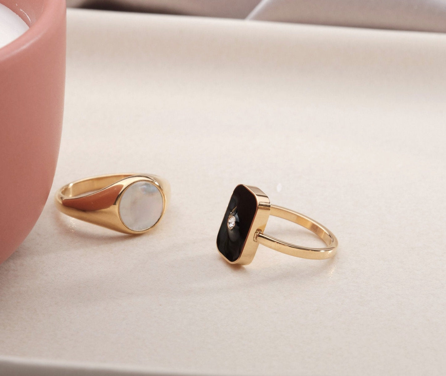 18K Gold Black Enamel Rectangle Gold Signet Rings, Zirconia North Star Ring, Wide Gold Ring, Statement Ring, Chuncky Ring Gold Black Ring