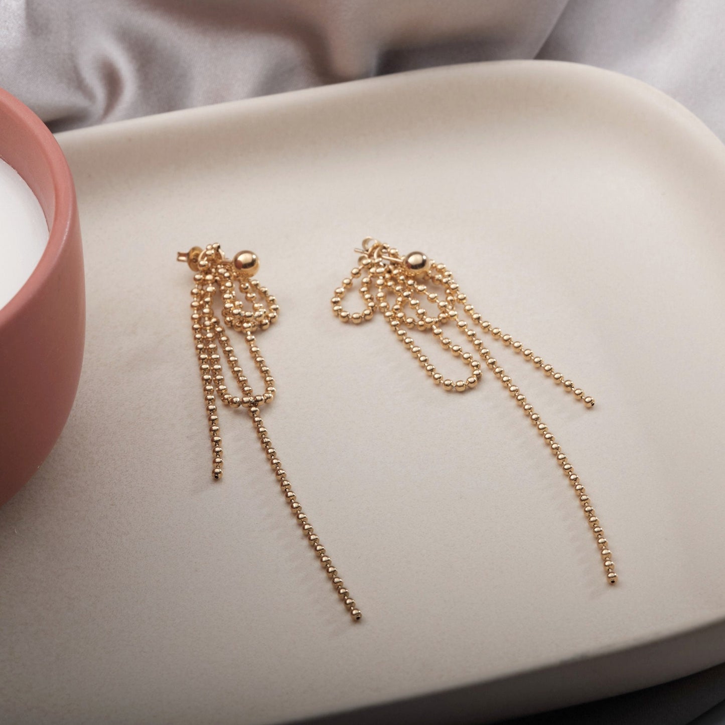 Shiny gold seed bead earrings, Long sparkle earrings, Statement fringe earrings, Bohemian jewelry, Party Earrings, Dangle, Boho, Tribal