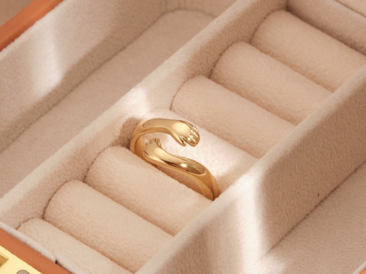 18k Gold Hug Ring Gold Hugging Hands Gold Hug Ring, Couple Ring Love Ring Open Hug Ring Friendship Ring WATERPROOF Hugging Ring