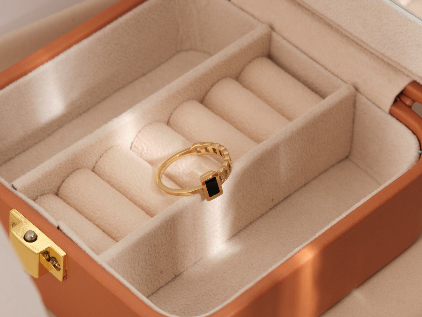 18K Gold Chain Ring, Black Enamel Ring, Square Gold Signet Rings, Gold Cuban Chain Ring for Women, Wide Gold Ring, Square Stacking Ring