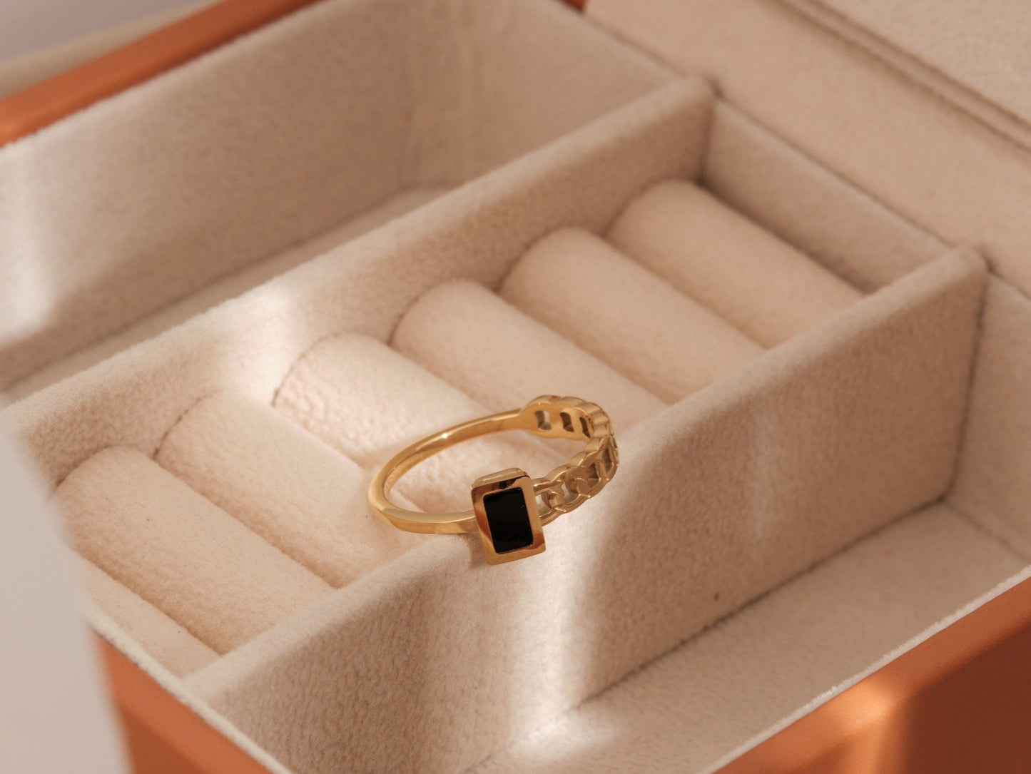 18K Gold Chain Ring, Black Enamel Ring, Square Gold Signet Rings, Gold Cuban Chain Ring for Women, Wide Gold Ring, Square Stacking Ring