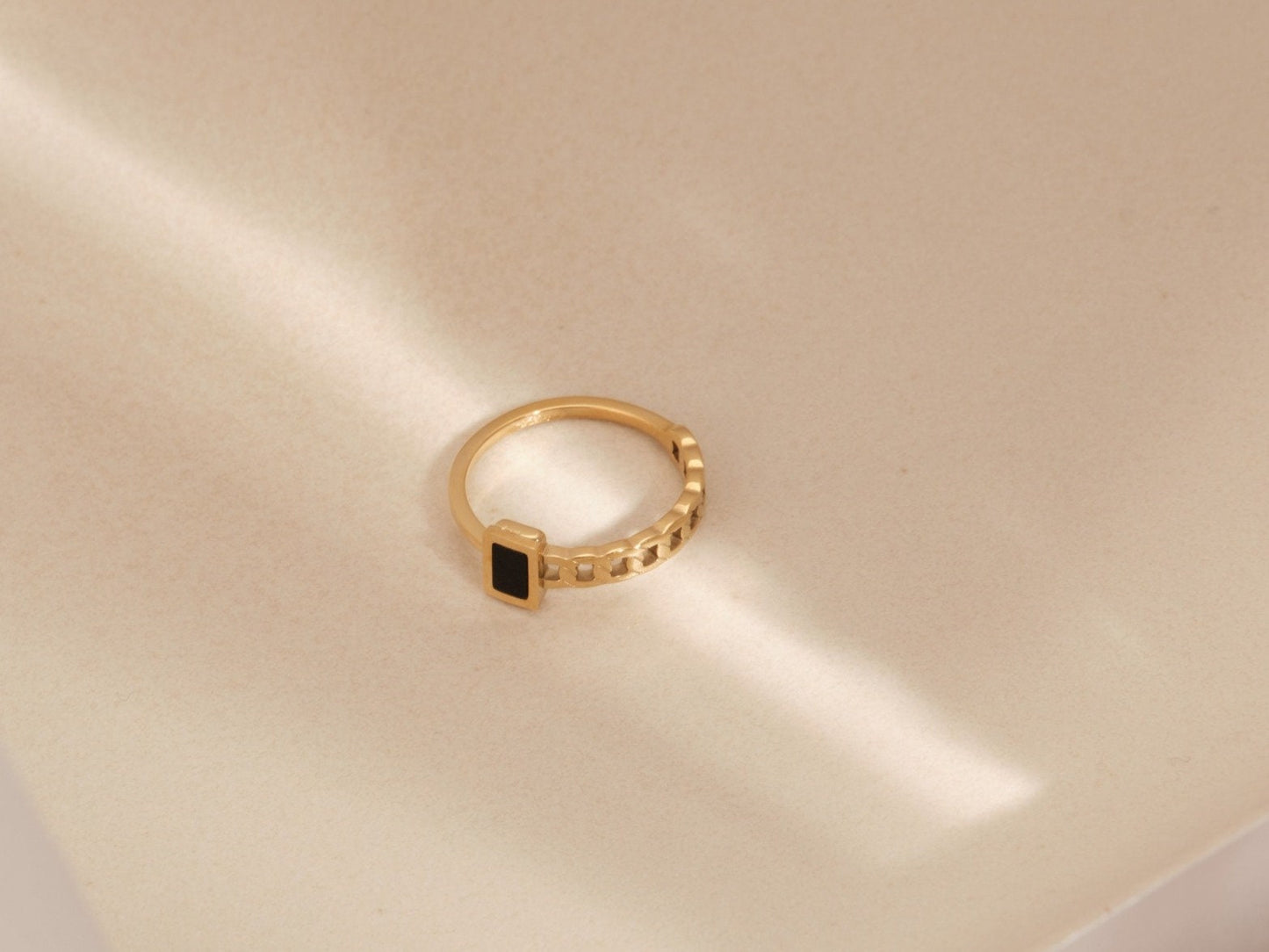 18K Gold Chain Ring, Black Enamel Ring, Square Gold Signet Rings, Gold Cuban Chain Ring for Women, Wide Gold Ring, Square Stacking Ring