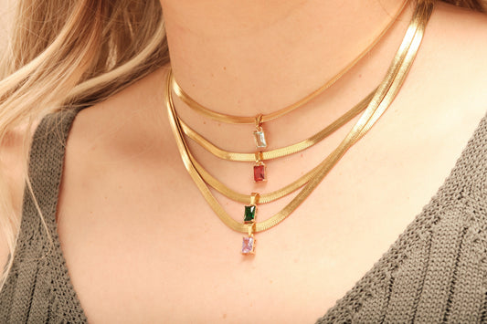 18K Gold Herringbone Chain Necklace Gemstone Necklace, CZ Choker Necklace, Crystal Zircon Pendant, Snake Chain Necklace Waterproof Jewelry