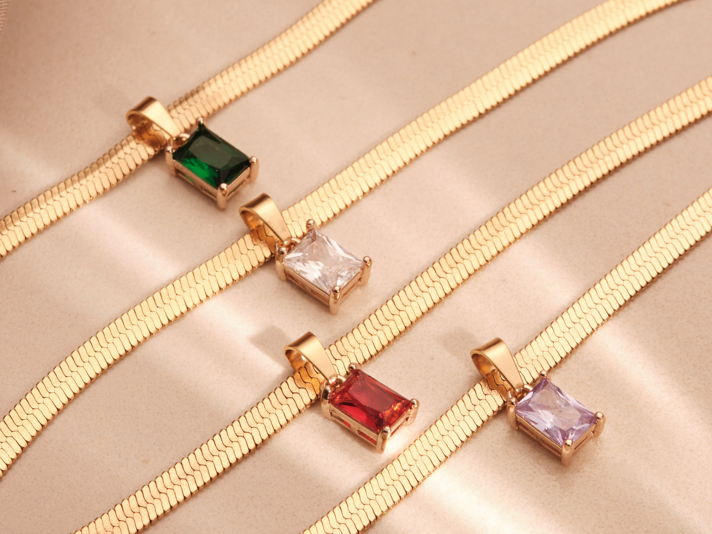 18K Gold Herringbone Chain Necklace Gemstone Necklace, CZ Choker Necklace, Crystal Zircon Pendant, Snake Chain Necklace Waterproof Jewelry