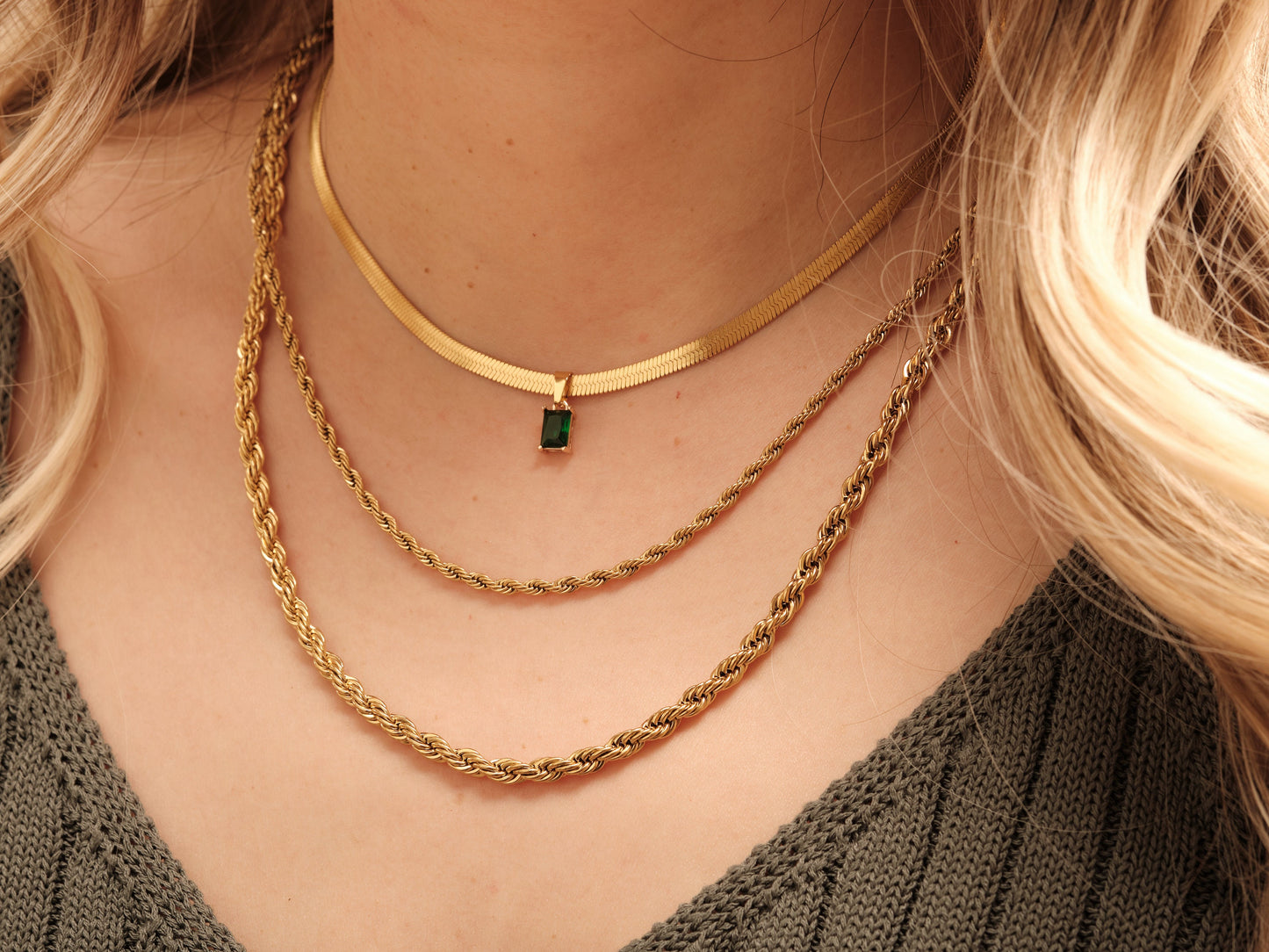 18K Gold Herringbone Chain Necklace Gemstone Necklace, CZ Choker Necklace, Crystal Zircon Pendant, Snake Chain Necklace Waterproof Jewelry