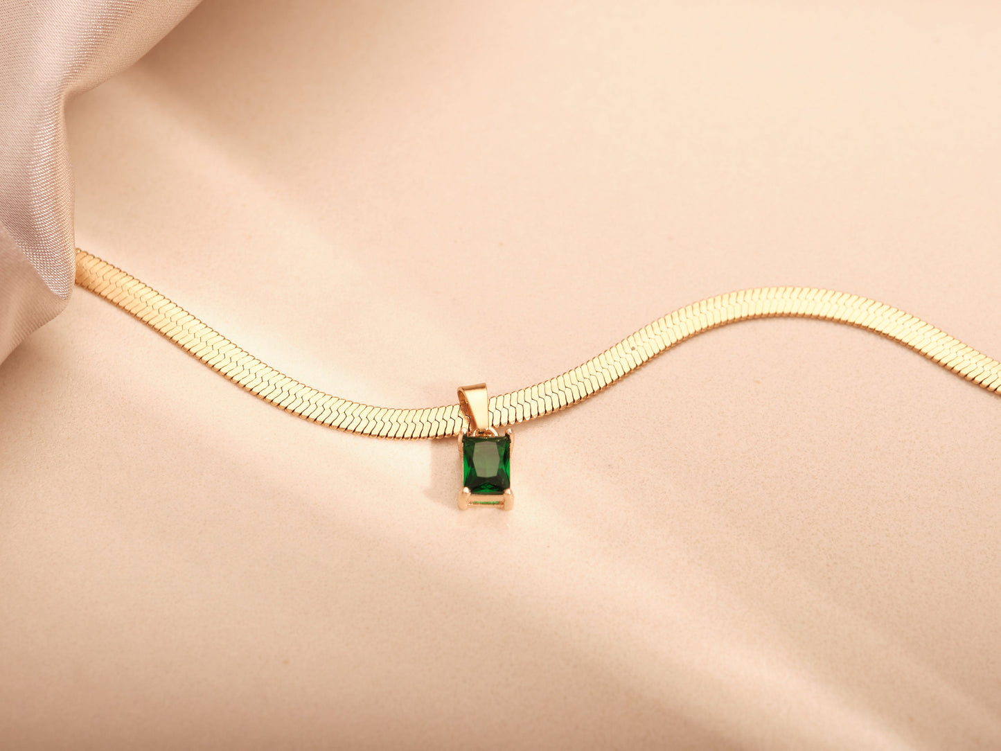 18K Gold Herringbone Chain Necklace Gemstone Necklace, CZ Choker Necklace, Crystal Zircon Pendant, Snake Chain Necklace Waterproof Jewelry