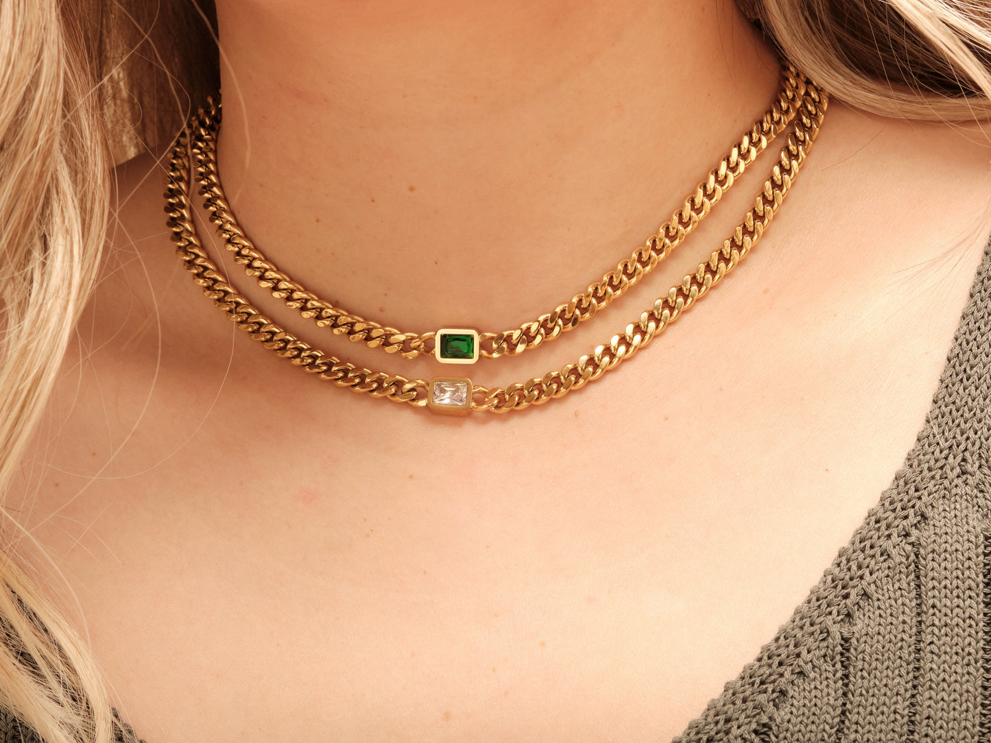 18K Gold Cuban Chain Bracelet, Emerald Bracelet, Square CZ Bracelet, Gold Chain Bracelet, WATERPROOF, White CZ Bracelet, Cuban Chain Gold