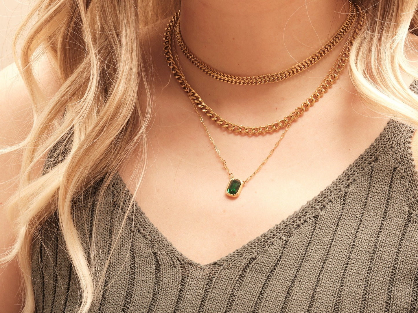 Gold Double Layer Necklace, Green Zircon Necklace, Vintage Double Cuban Choker, Cuban Chain Choker Necklace, WATERPROOF Tarnish Free Jewelry
