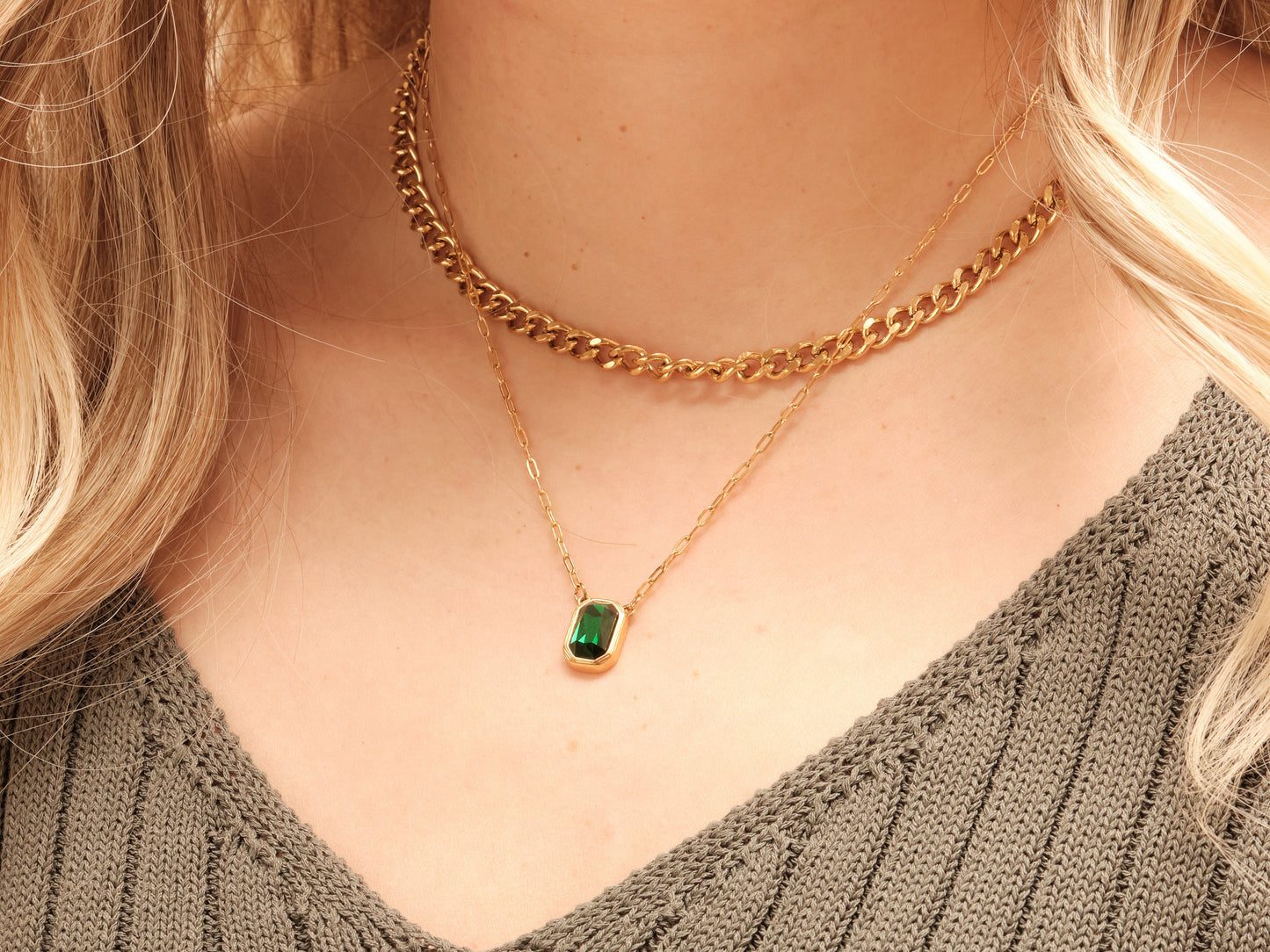 Gold Double Layer Necklace, Green Zircon Necklace, Vintage Double Cuban Choker, Cuban Chain Choker Necklace, WATERPROOF Tarnish Free Jewelry