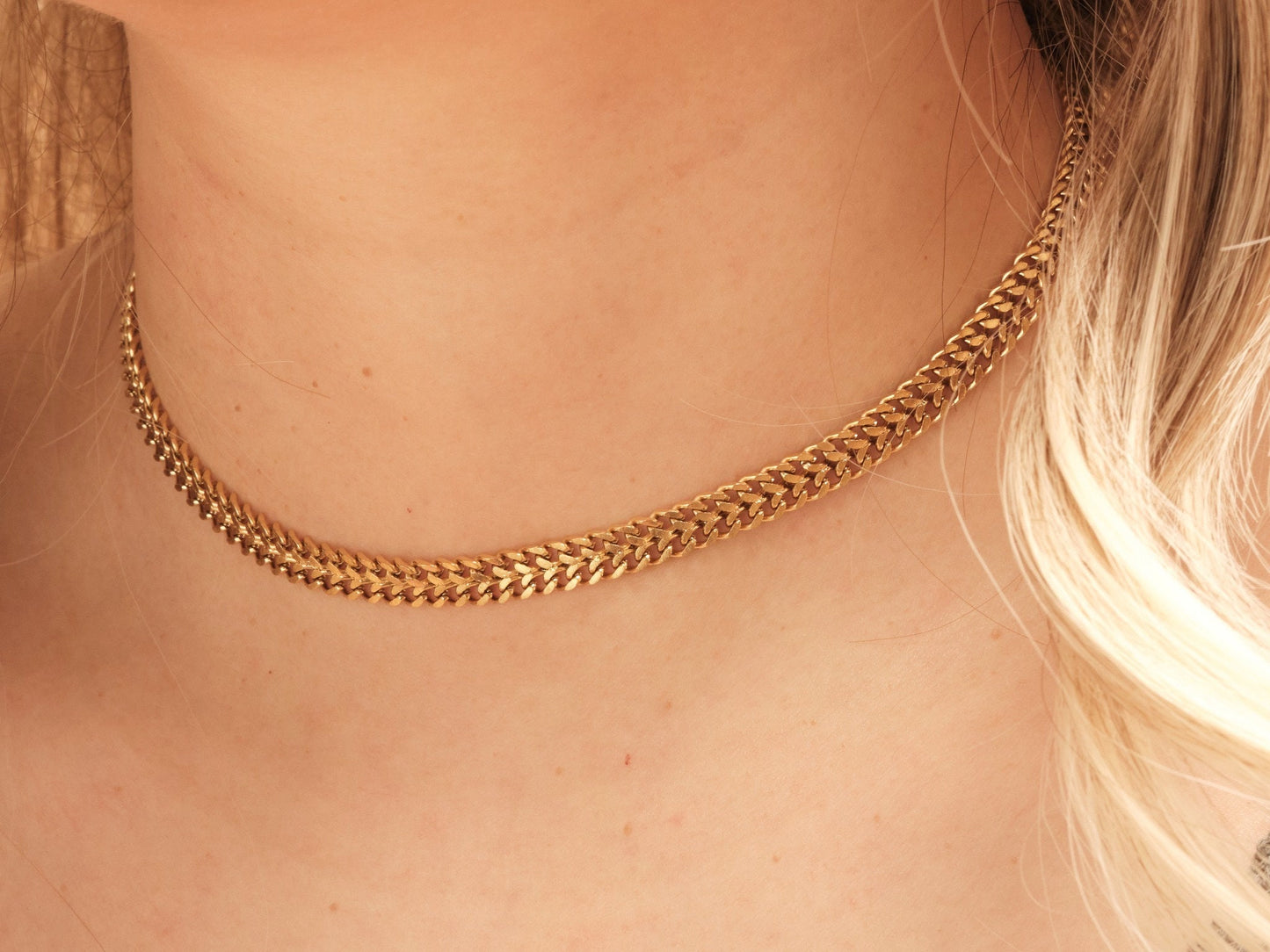 Gold Double Layer Necklace, Green Zircon Necklace, Vintage Double Cuban Choker, Cuban Chain Choker Necklace, WATERPROOF Tarnish Free Jewelry