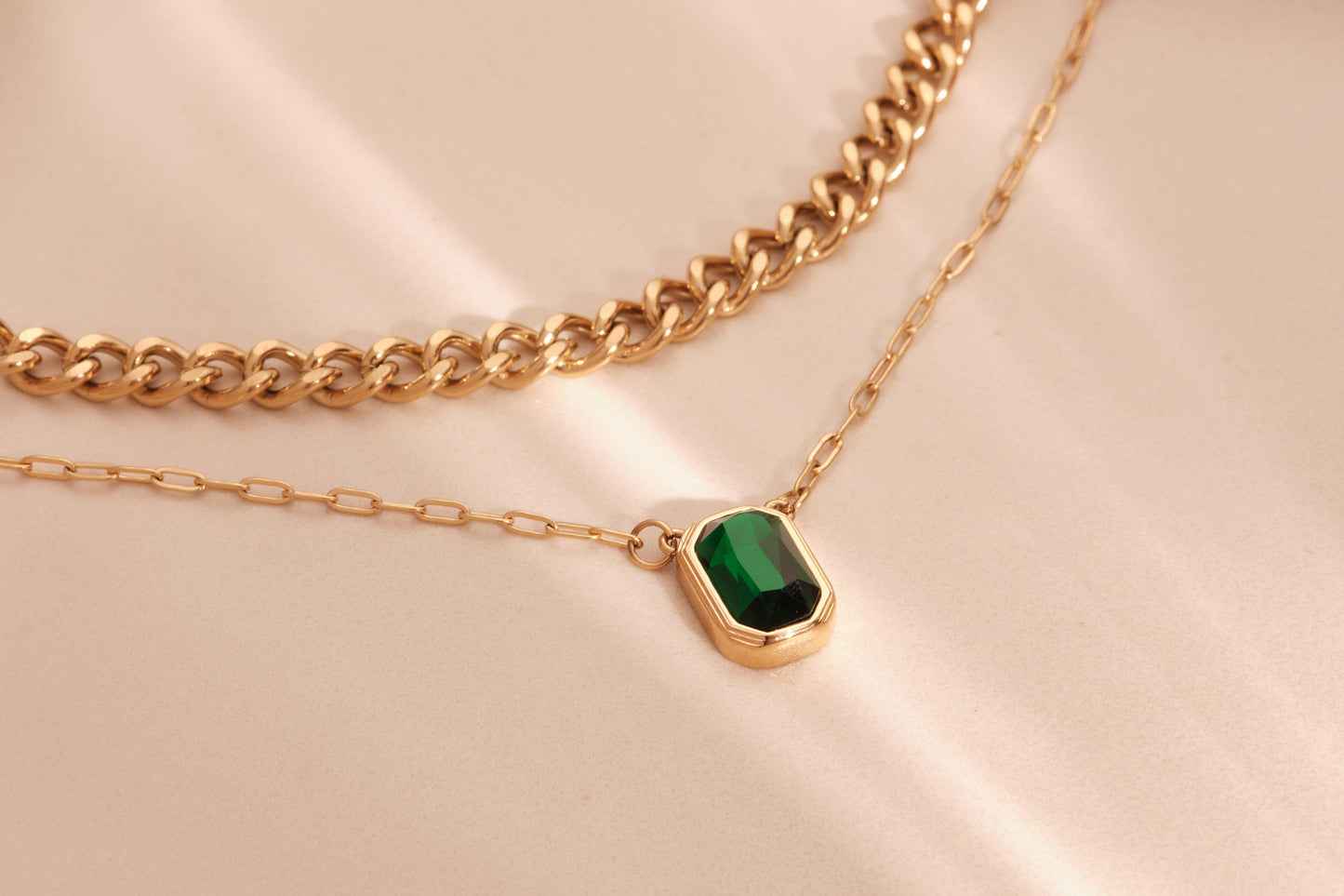 Gold Double Layer Necklace, Green Zircon Necklace, Vintage Double Cuban Choker, Cuban Chain Choker Necklace, WATERPROOF Tarnish Free Jewelry