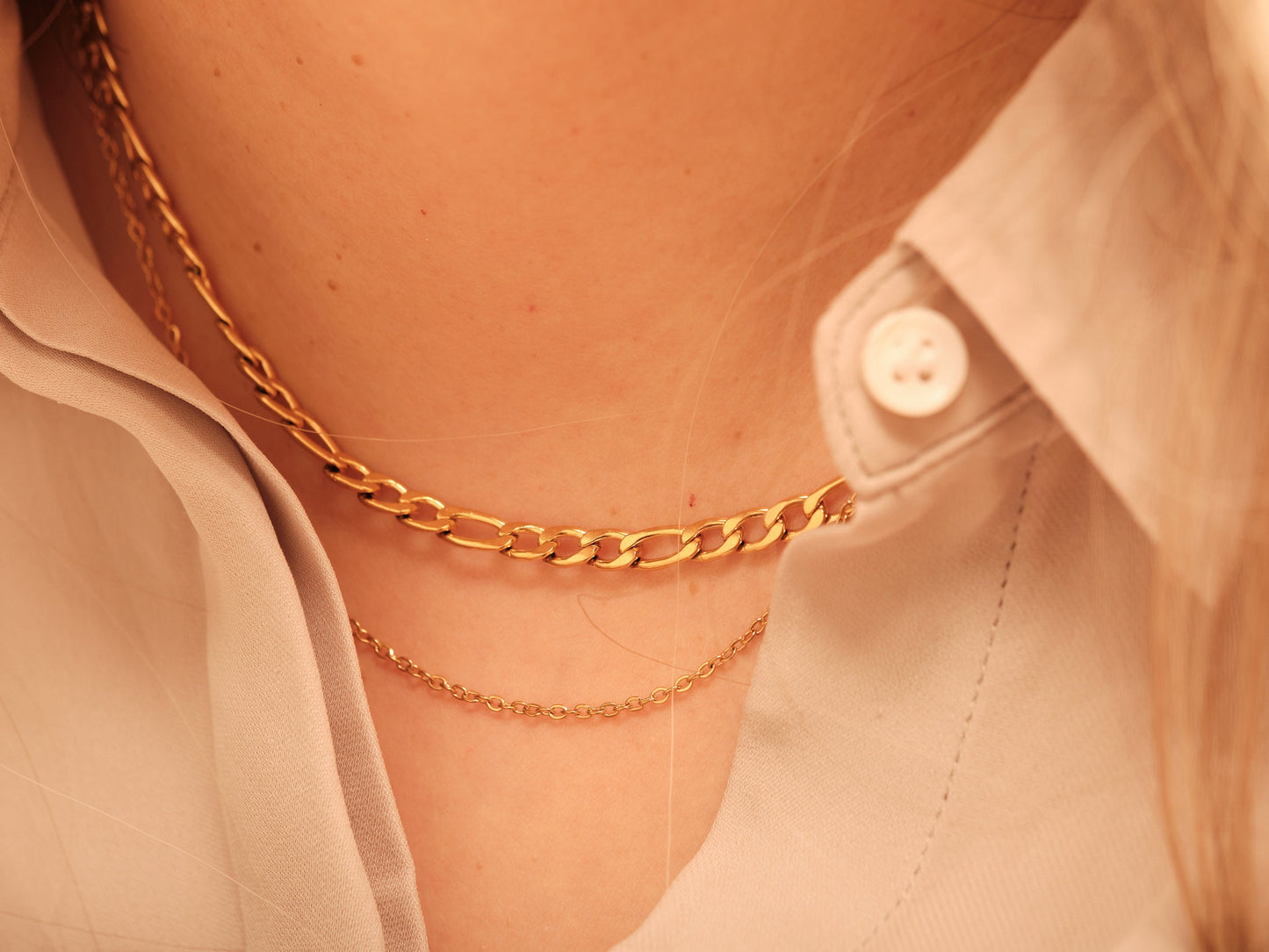 Double Chains Necklace Gold Figaro Chain Necklace, Layered Necklace, Gold Layered Chain, Double Figaro/Cable Chain Necklace, WATERPROOF