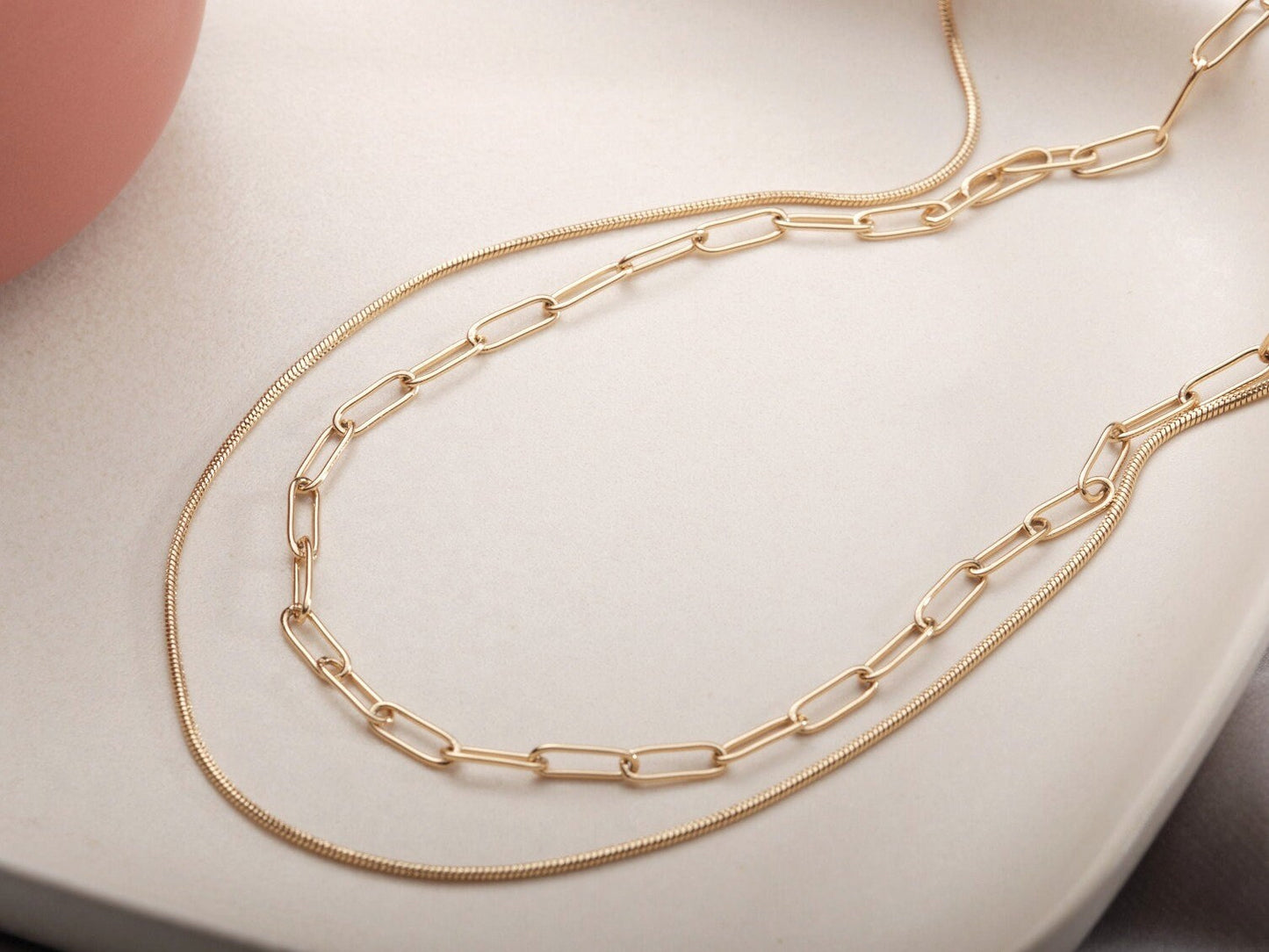 18K Gold Herringbone Necklace Set Gold Double Layered Snake Chain Set Herringbone Layering Necklace Layering Gold Chain Set Paperclip Chain