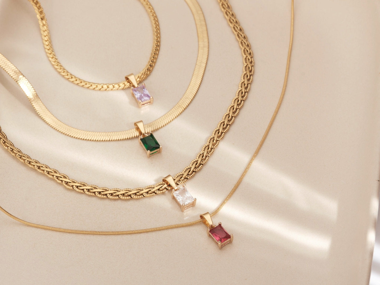 18K Gold PVD Herringbone Choker Necklace Gemstone Necklace, CZ Choker Necklace, Zircon Pendant, Snake Chain Choker Waterproof Necklace