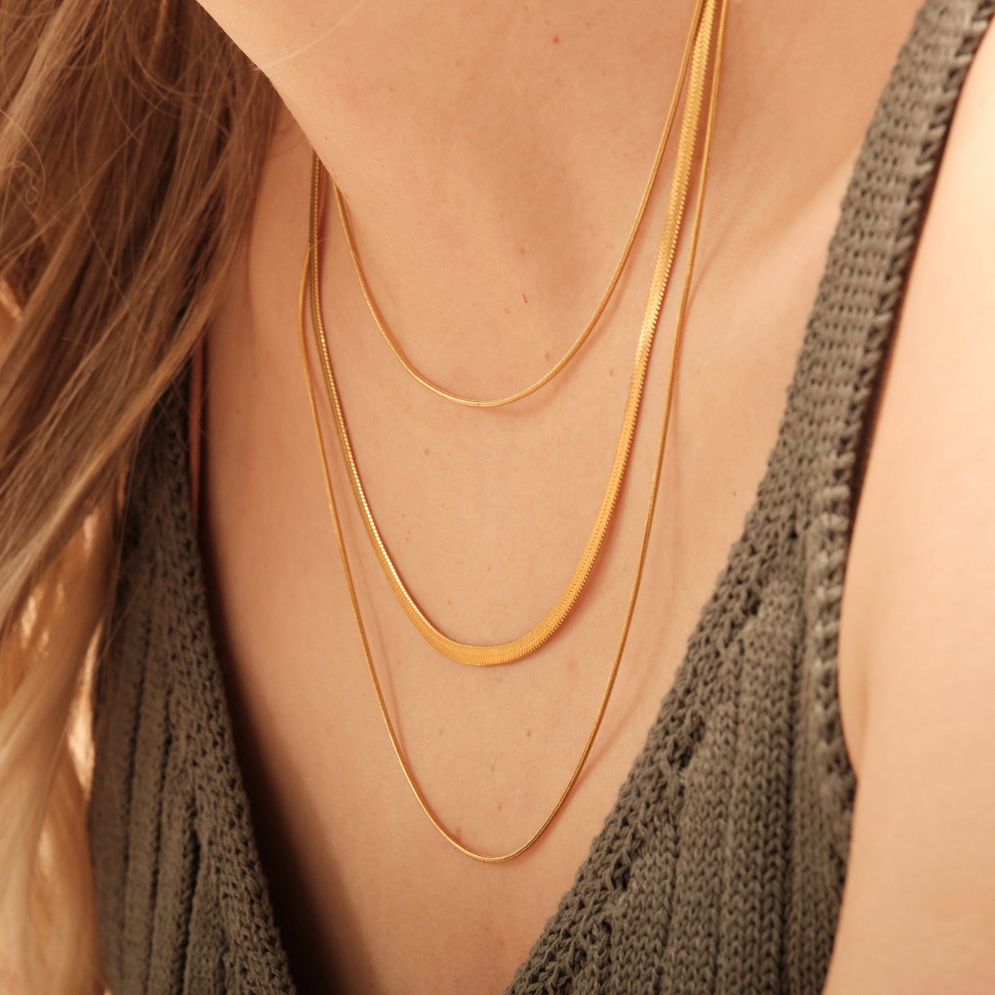 18K Gold Herringbone Necklace, 3 in 1 necklace, Gold Snake Chain Three Layer Necklace, WATERPROOF, Herringbone Chains Necklace