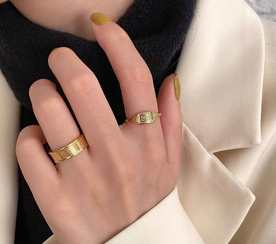 Gold Rings 18k Gold Ancient Greek Pattern Ring, Pinky Ring Stacking Ring, Boho Rings, Band Rings, Dainty Rings, Statement Ring