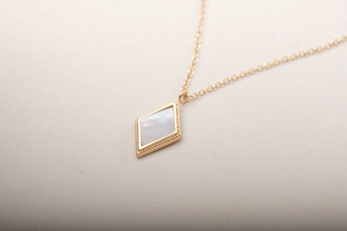 Diamond shape natural mother of Pearl Necklace, Gold Necklace, Gold Vintage Necklace, Vintage Mother of Pearl Necklace, WATERPROOF