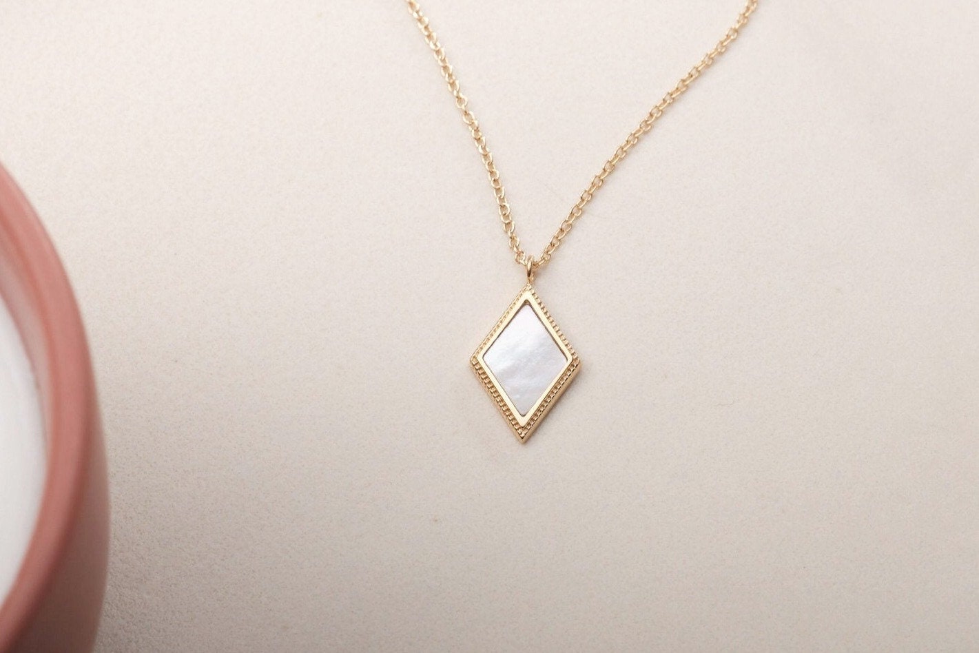 Diamond shape natural mother of Pearl Necklace, Gold Necklace, Gold Vintage Necklace, Vintage Mother of Pearl Necklace, WATERPROOF