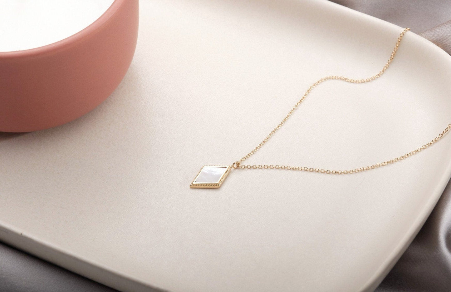 Diamond shape natural mother of Pearl Necklace, Gold Necklace, Gold Vintage Necklace, Vintage Mother of Pearl Necklace, WATERPROOF