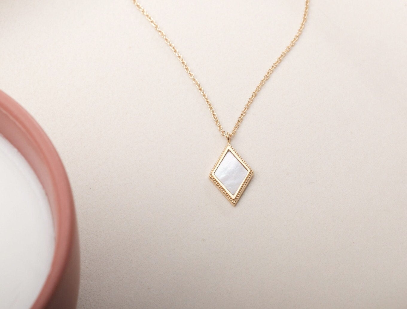 Diamond shape natural mother of Pearl Necklace, Gold Necklace, Gold Vintage Necklace, Vintage Mother of Pearl Necklace, WATERPROOF