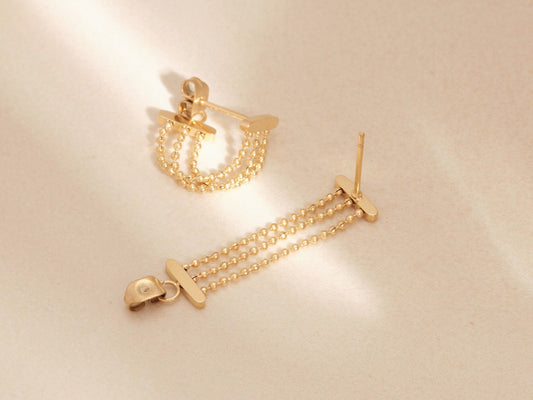 Gold Tiny Chain Earrings, Tiny Dangle Earrings, Beaded Chain Earrings, Gold Tiny Earrings, Gold Chain Earrings, WATERPROOF, Dangling