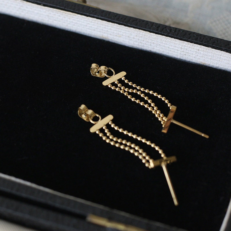 Gold Tiny Chain Earrings, Tiny Dangle Earrings, Beaded Chain Earrings, Gold Tiny Earrings, Gold Chain Earrings, WATERPROOF, Dangling