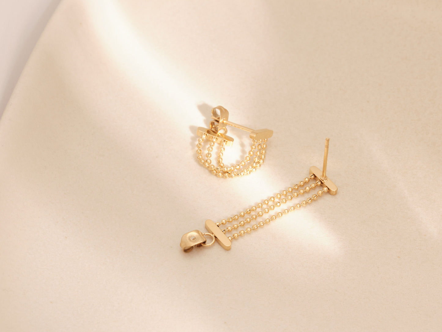 Gold Tiny Chain Earrings, Tiny Dangle Earrings, Beaded Chain Earrings, Gold Tiny Earrings, Gold Chain Earrings, WATERPROOF, Dangling