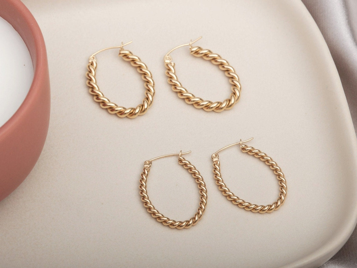 Gold Twist Hoop Earring French Twist hoops Gold Oval Earring Hoops Oval Hoops Twisted Hoops Twisted WATERPROOF Hoops Chunky Twisted