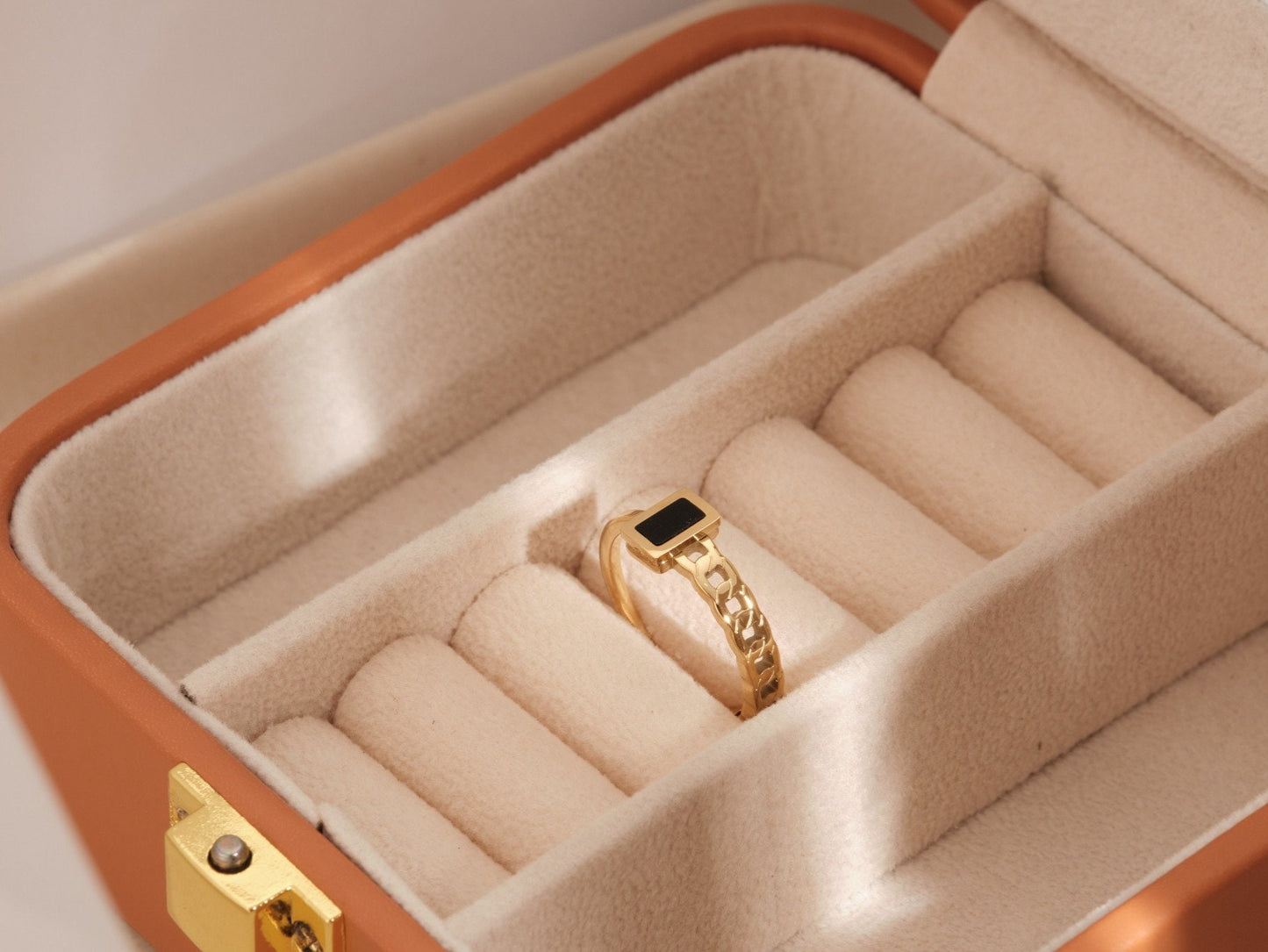 18K Gold Chain Ring, Black Enamel Ring, Square Gold Signet Rings, Gold Cuban Chain Ring for Women, Wide Gold Ring, Square Stacking Ring