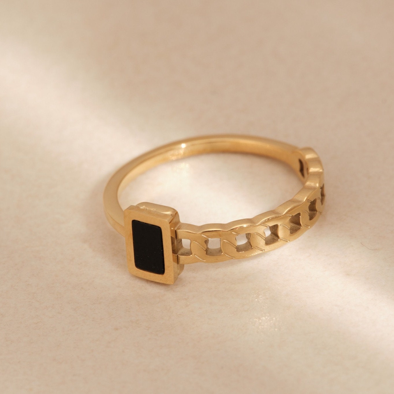 18K Gold Chain Ring, Black Enamel Ring, Square Gold Signet Rings, Gold Cuban Chain Ring for Women, Wide Gold Ring, Square Stacking Ring