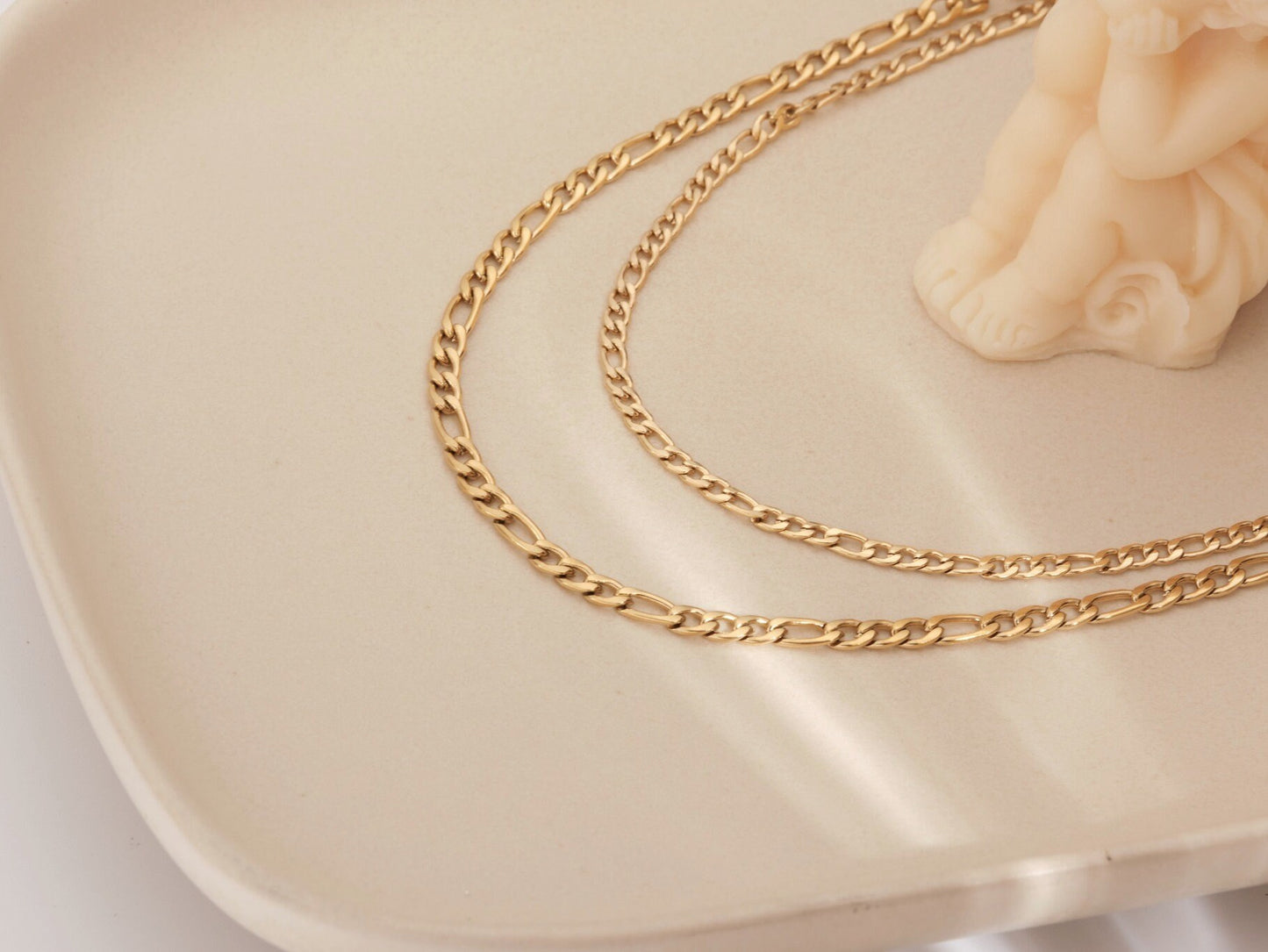 18K Gold Double Figaro Chain Necklace, Gold Figaro Necklace, Gold Necklace, Double Figaro Chain, Layered Necklace, WATERPROOF