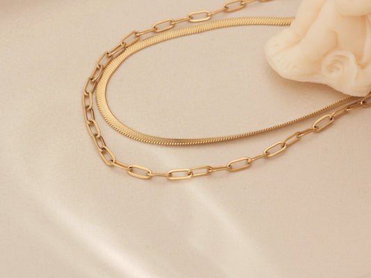 2 Layers Link Chain Necklace, Gold Herringbone, Rectangle Link Necklace, Gold Chain Link Necklace, Paperclip Necklace, 2 in 1 Chain Necklace
