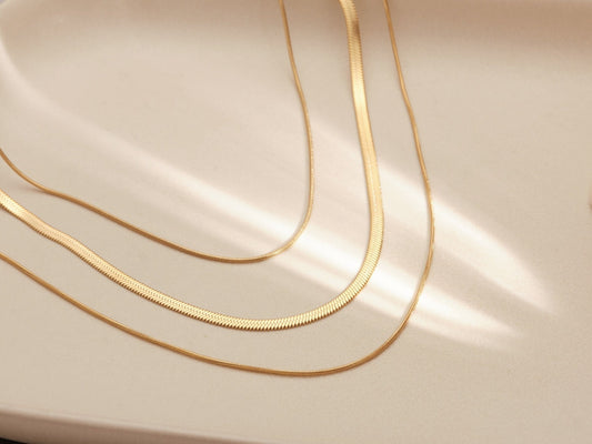 18K Gold Herringbone Necklace, 3 in 1 necklace, Gold Snake Chain Three Layer Necklace, WATERPROOF, Herringbone Chains Necklace