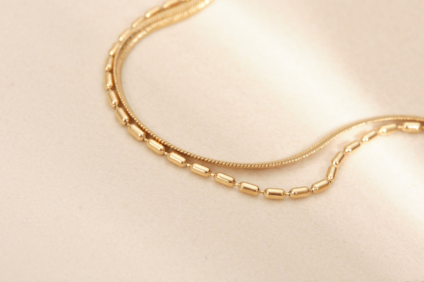 Gold Double Layer Bracelet, Double Herringbone Bracelet, Gold 2 Layer Bracelet, Beaded Bracelet, Waterproof, Double Snake Chain Bracelet