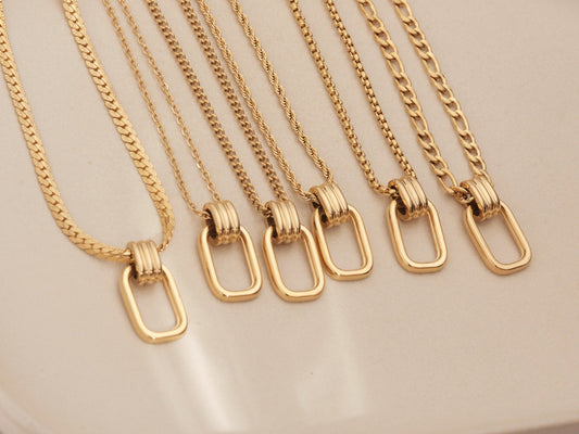 Gold Open Rectangle Necklace, Simple Minimal Layering, Cable Chain, Geometric, Open Bar Pendant Necklace, Best choose for Modern Look