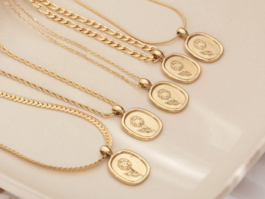 Gold Sunflower Oval Necklace, 18k Gold Plated Sunflower Jewelry, Flower Jewellery, rope chain necklace, Nature Inspired Floral Tag Necklace