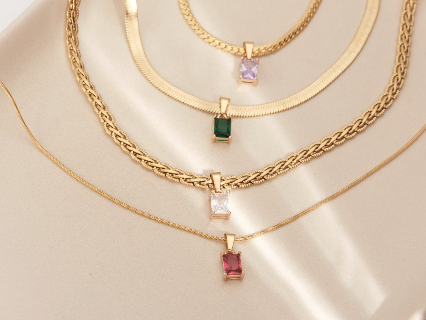 18K Gold Herringbone Choker Necklace Zirconia Gemstone Necklace, CZ Choker Necklace, Zircon Pendant, Snake Chain Choker Waterproof Necklace