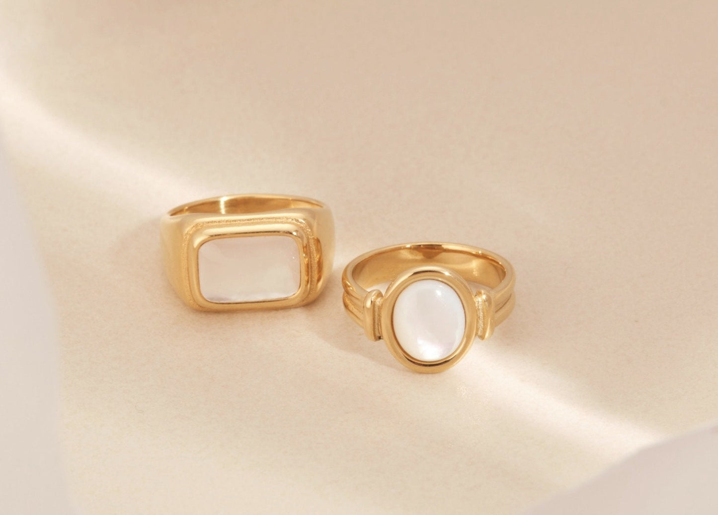 18K Gold Mother of Pearl Ring, Statement Ring, White Shell Ring, Stacking Rings, Gold Vintage Ring, Chunky Gold Ring, Square Mother of Pearl